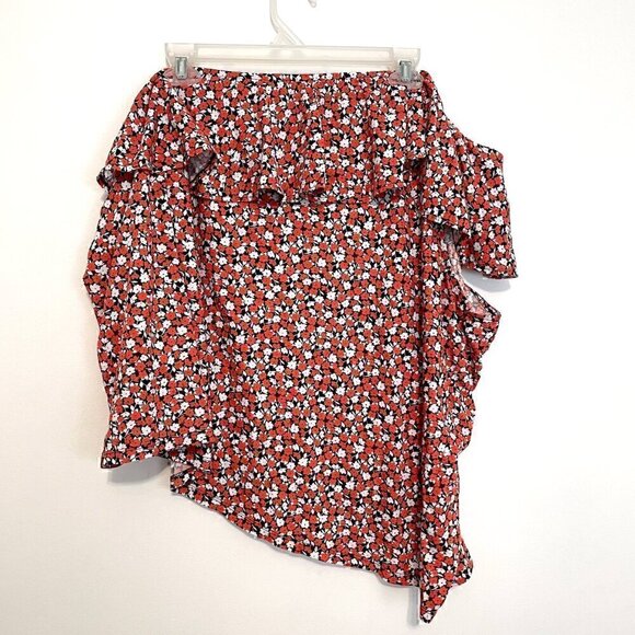 H&M One Shoulder Top Red White Navy Blue Floral Ruffle Trim 100% Cotton Tank 4XL - Picture 10 of 13